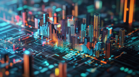 Explore a vibrant 3D cityscape filled with financial symbols and modern architecture. This colorful, abstract digital illustration showcases urban innovation and technology.の素材