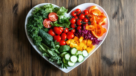 A vibrant heart-shaped plate filled with an assortment of fresh vegetables showcasing colorful and healthy options for a nutritious meal or snack.の素材