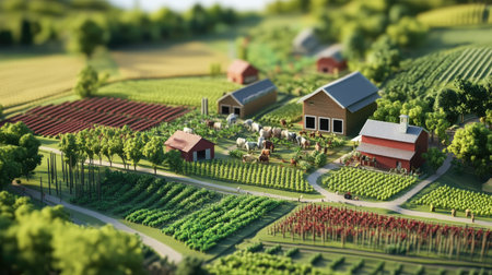 A vibrant 3D representation of a sustainable farm showcasing various crops, livestock, and natural beauty, ideal for themes of agriculture and rural life.の素材