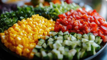 A vibrant display of fresh, chopped vegetables showcasing a colorful mix on a platter. Perfect for healthy meal preparations, salads, and culinary presentations.の素材