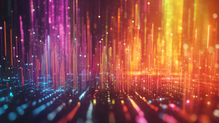 This vibrant 3D visualization depicts market movements with colorful light beams and dynamic patterns, ideal for financial and technology-themed projects.の素材