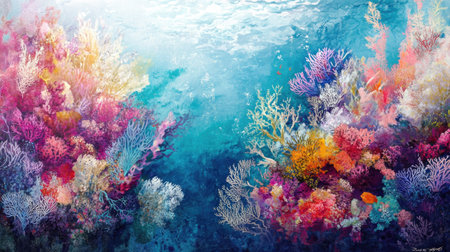 Explore a vibrant underwater scene featuring abstract coral formations, with a colorful blend of marine life and serene aquatic beauty, perfect for decoration.の素材