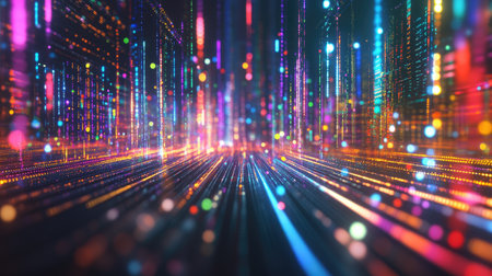 This vibrant 3D visualization captures the essence of stock market movement with colorful lines and dots, creating an energetic and futuristic background.の素材