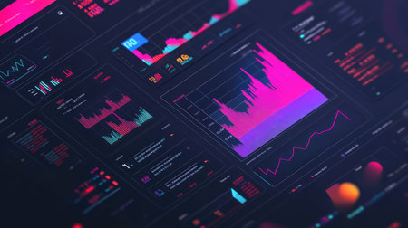 Explore a vibrant financial dashboard showcasing real-time data visualizations, with colorful charts and graphs for insightful business analysis and performance tracking.の素材