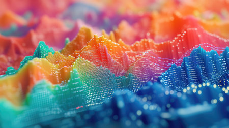 This vibrant 3D visualization features intricate graphs and charts, showcasing a dynamic interplay of color and data in an abstract design, perfect for digital projects.の素材