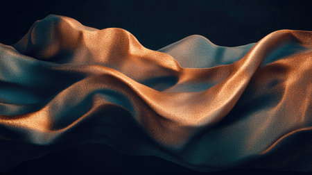 This abstract 3D image features floating golden ribbons against a dark backdrop, creating an elegant and soothing atmosphere, perfect for luxury themes.の素材