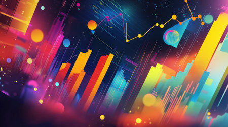 Dynamic abstract illustration featuring colorful shapes representing financial indicators. Perfect for conveying modern finance and technology concepts.の素材