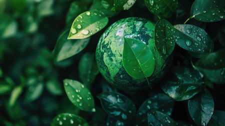 This abstract image features a globe made of green leaves and water droplets, symbolizing nature's beauty and sustainability. Perfect for eco-friendly themes.の素材