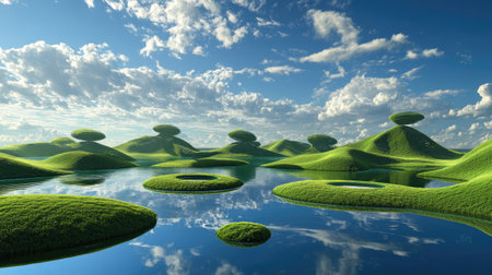 This stunning abstract landscape features green hills and tranquil waters reflecting the vibrant sky, creating a serene and imaginative atmosphere. Ideal for artistic projects.の素材