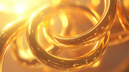 Explore an abstract 3D scene featuring interlocking golden rings. This captivating image showcases the interplay of light and reflection, emphasizing elegance and luxury.の素材