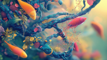 Explore a captivating abstract 3D representation of the food web, showcasing vibrant colors and intricate details of aquatic life and ecosystems.の素材