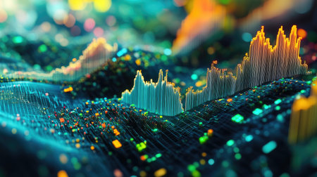 Stunning abstract visualization depicting the fluctuation of currency values through vibrant colors and dynamic patterns, showcasing modern financial trends.の素材
