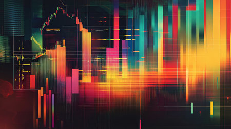 A vibrant abstract representation of stock market trends, showcasing dynamic shapes and colors that symbolize financial data analysis and market movements.の素材