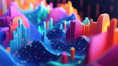 Discover a stunning 3D abstract visualization showcasing stock market data through vibrant colors and dynamic shapes. Perfect for finance and technology themes.の素材