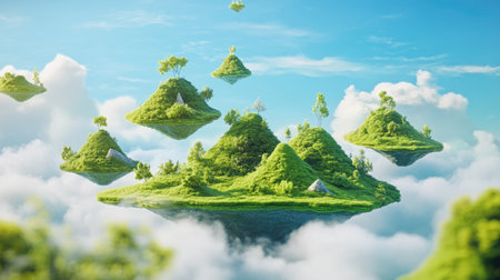 Explore an abstract 3D landscape featuring floating green hills amidst clouds. This vibrant digital illustration captures a serene and imaginative natural environment.の素材