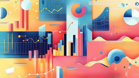An abstract representation of financial data featuring vibrant colors and modern shapes. This creative illustration highlights trends and insights visually.の素材