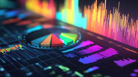 This abstract market data visualization showcases colorful charts and graphs, representing dynamic data analysis and innovative design concepts in a digital format.の素材