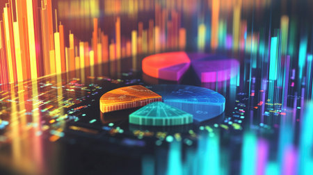 A vibrant and abstract representation of market data showcasing colorful charts, bars, and metrics, representing analytics and trends in a digital environment.の素材