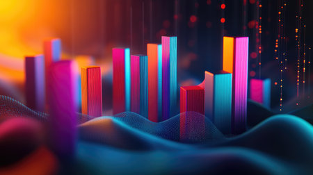 Dynamic and colorful 3D bar graphs rise from a digital landscape, representing growth and data visualization in a vibrant and modern style.の素材