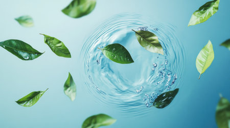 A serene composition of floating green leaves in water, creating a calming, geometric pattern. Ideal for eco-friendly themes and nature-based designs.の素材