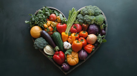 This artistic arrangement features a vibrant heart shape made of fresh vegetables, showcasing colorful produce perfect for culinary and health themes.の素材