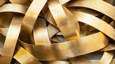 A captivating arrangement of interwoven golden ribbons, showcasing a smooth and reflective surface. Perfect for backgrounds and creative projects.の素材