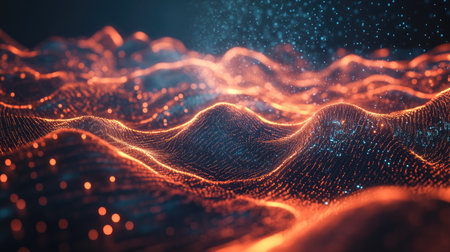 Experience a stunning ethereal 3D landscape showcasing interconnected financial concepts, illuminated by vibrant colors and dynamic waves of light.の素材