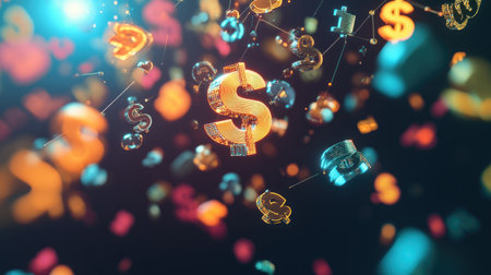 Explore an intricate 3D visualization showcasing various currency symbols in vibrant colors, representing finance and modern economic concepts in a dynamic and artistic way.の素材