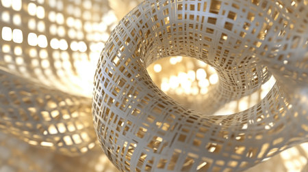 Experience the beauty of interwoven golden ribbons illuminated by soft light. This abstract artwork encapsulates elegance and modern design with a captivating twist.の素材