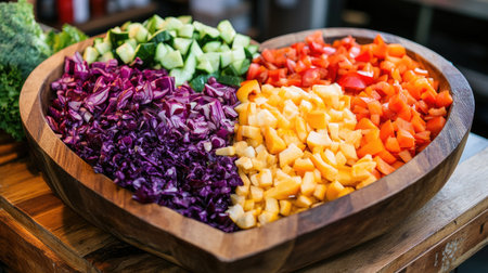 This artistic display features an array of colorful chopped vegetables arranged in a heart-shaped wooden bowl, perfect for healthy meals and vibrant presentations.の素材