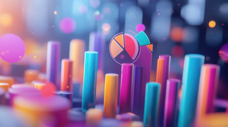 Explore this vibrant and colorful 3D visualization of pie charts and bar graphs. Ideal for data analysis, marketing, and business presentations.の素材