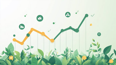 Vibrant infographic illustrating revenue growth using colorful charts and natural elements, perfect for business presentations and marketing materials.の素材