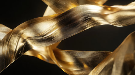 Experience the elegant beauty of dynamic flowing golden ribbons captured in motion. This stunning image showcases rich textures and vibrant colors.の素材