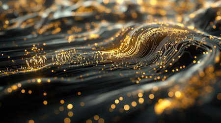 This intricate 3D financial data visualization showcases an abstract network with golden accents, highlighting the flow and connection of information in a modern aesthetic.の素材