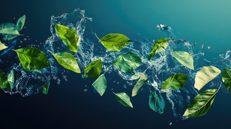 A serene composition of floating green leaves intertwined with clear water, showcasing organic beauty and tranquility, ideal for nature-themed projects.の素材