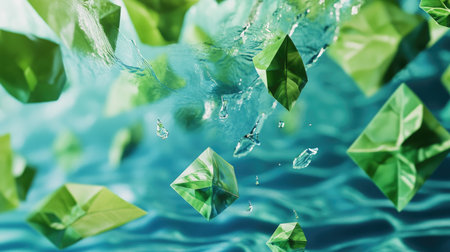 Explore the beauty of floating geometric shapes made of green leaves amidst a tranquil water backdrop, evoking serenity and connection to nature.の素材