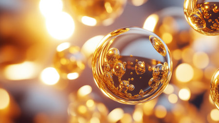 This stunning image features glossy golden floating shapes with smooth surfaces, creating a mesmerizing play of light and reflections in an elegant, abstract setting.の素材