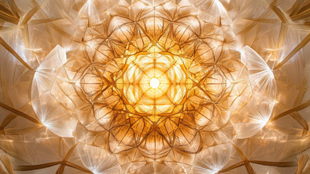 This image features a captivating arrangement of golden geometric shapes designed in a symmetrical pattern. The radiant light creates an inspiring abstract aesthetic.の素材