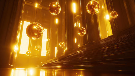 This stunning image features dynamic golden spheres floating in a layered 3D environment, creating a captivating and vibrant atmosphere with rich reflections and warm light.の素材