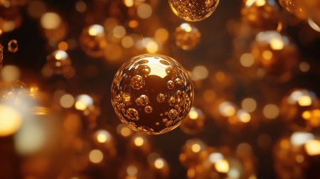 A captivating arrangement of floating golden metallic spheres of varying sizes, creating an elegant and modern visual experience. Perfect for abstract design themes.の素材