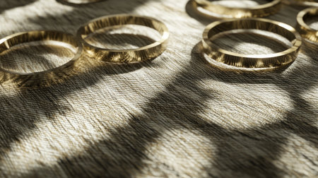 Close-up view of interlocking golden rings with a high gloss finish, set against a textured background. The play of light and shadow enhances their elegance and charm.の素材