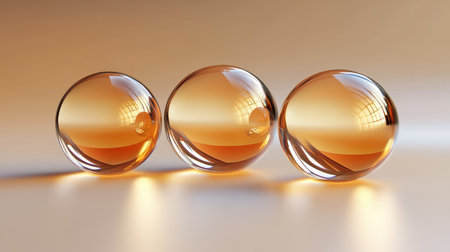 This image features three elegant organic shapes in a warm golden hue. The glossy, transparent surfaces reflect light beautifully, creating a serene and modern aesthetic suitable for various applications.の素材