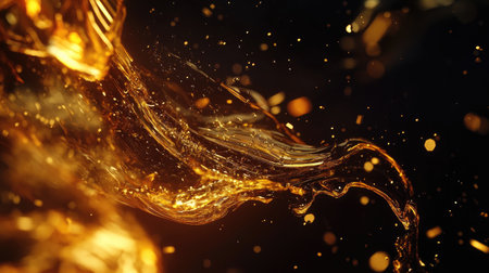A stunning abstract representation of organic liquid gold suspended in dynamic shapes. The dark background enhances the vibrant colors, creating a captivating and elegant visual.の素材