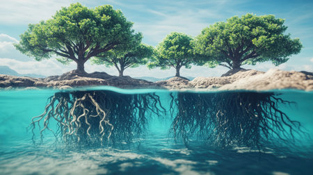 Discover a captivating scene of interconnected trees with vibrant roots floating in tranquil water, showcasing nature's beauty in a 3D perspective.の素材