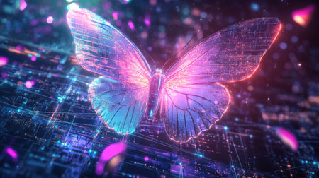 Experience a vibrant 3D abstract butterfly with glowing wings. This digital artwork features neon colors and ethereal textures, creating a captivating visual.の素材