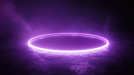 A captivating 3D render featuring soft purple light rays emanating from a glowing circular shape, set against a misty background, perfect for creative projects.の素材