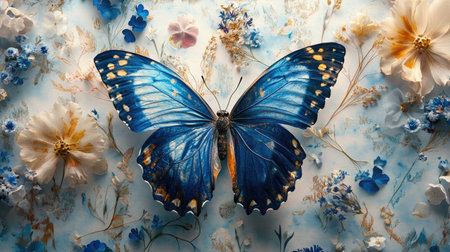 A beautifully detailed shot of a vibrant blue butterfly perched on a floral backdrop, showcasing intricate patterns and natural beauty in a serene setting.の素材