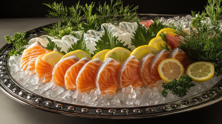 This elegantly arranged salmon sashimi platter features fresh fish slices garnished with lemon and herbs, resting on ice, perfect for fine dining or special occasions.の素材