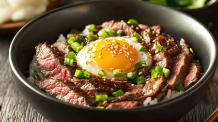 A visually appealing donburi bowl featuring tender beef, a perfectly cooked egg, and fresh green onion, creating a delicious and hearty meal.の素材