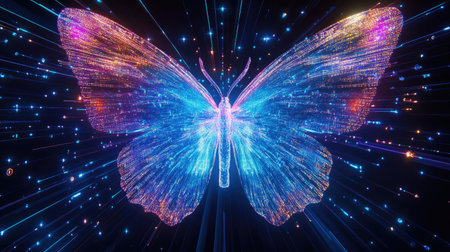 This stunning 3D artwork features a luminous cosmic butterfly radiating with vibrant neon lines. Perfect for fantasy themes, digital art, and creative projects.の素材